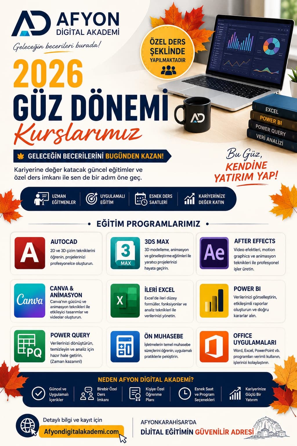 Afyon Digital Akademi 2026 Güz Dönemi Kursları afişi — herkese açık birebir özel ders programı